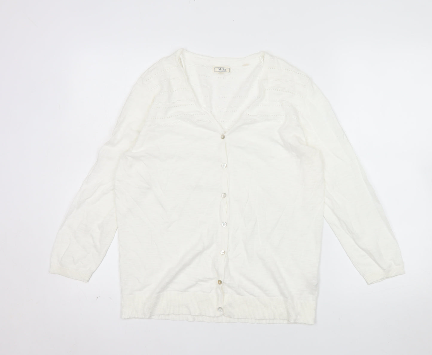 Fat Face Women White Cotton V-Neck Button Cardigan Size 12