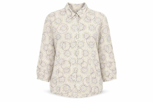 Front view of Hawkshead women’s beige floral cotton button-up shirt, size UK 16