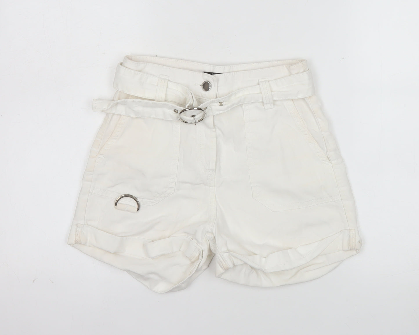 Bershka Womens Ivory Cotton Linen Paperbag Shorts Size 6