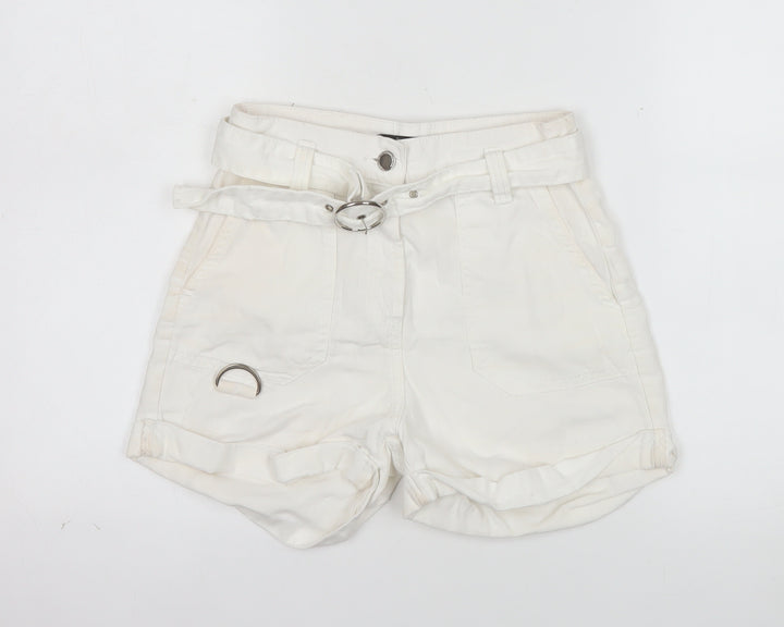 Bershka Womens Ivory Cotton Linen Paperbag Shorts Size 6
