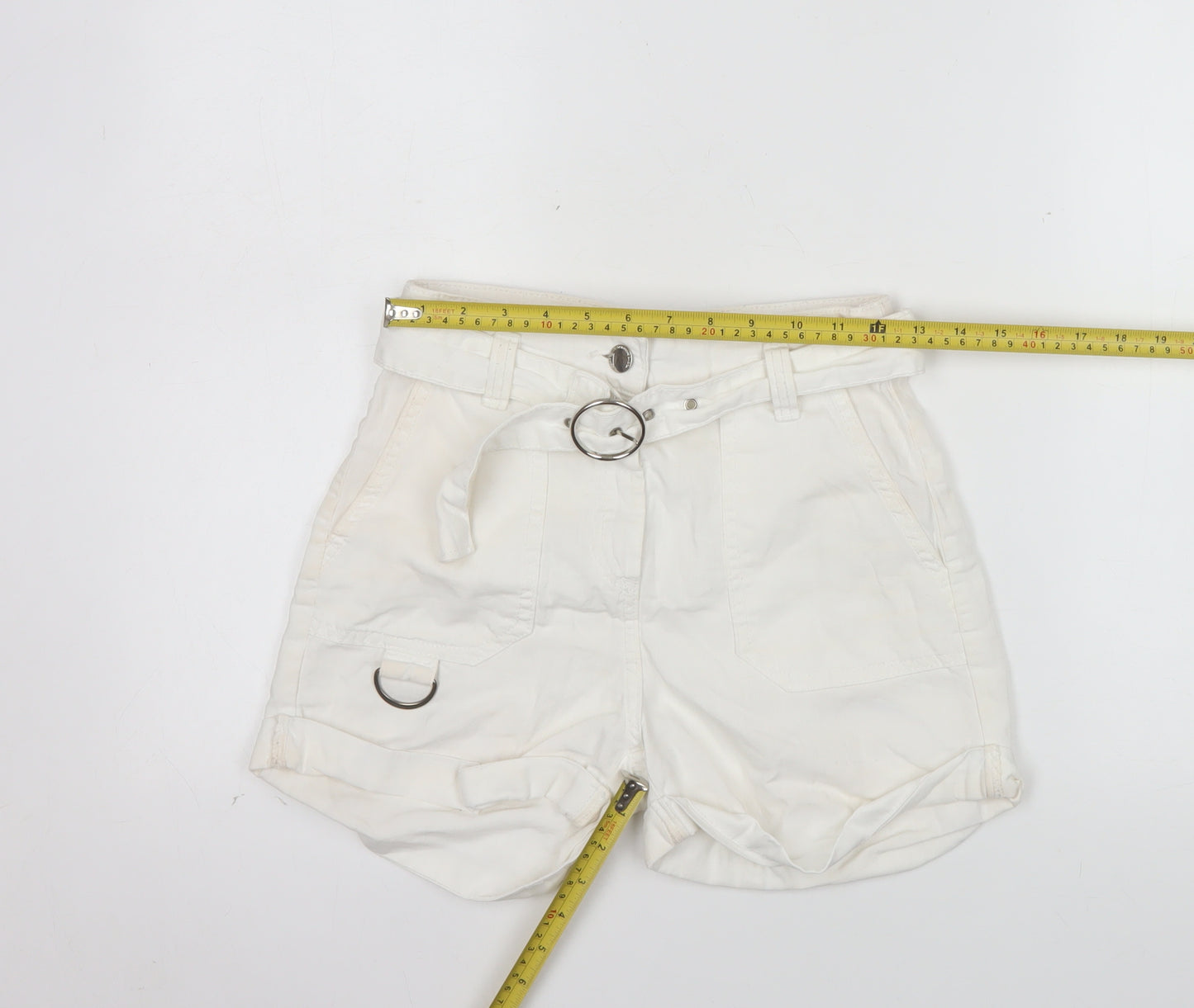 Bershka Womens Ivory Cotton Linen Paperbag Shorts Size 6