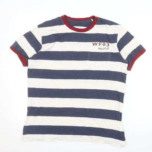 Weird Fish Men's Blue White Striped Cotton Crew Neck T-Shirt Size M