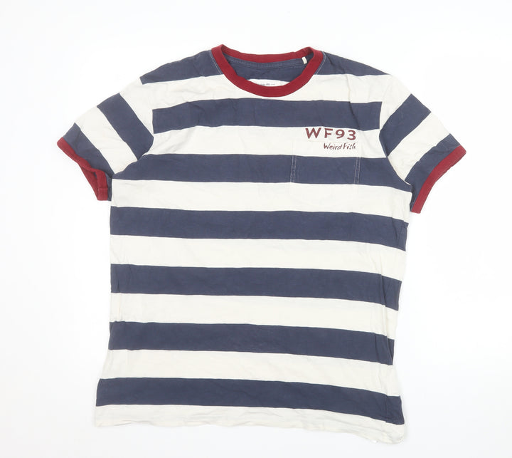 Weird Fish Men's Blue White Striped Cotton Crew Neck T-Shirt Size M