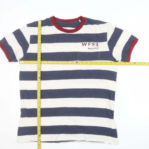 Weird Fish Men's Blue White Striped Cotton Crew Neck T-Shirt Size M