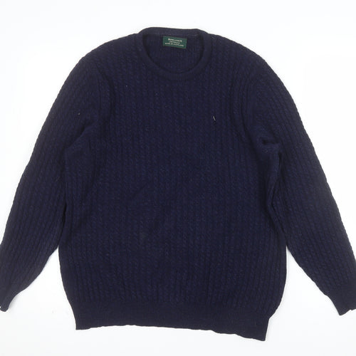 Rowland's Knitwear Men's Blue Wool Cable-Knit Jumper Medium