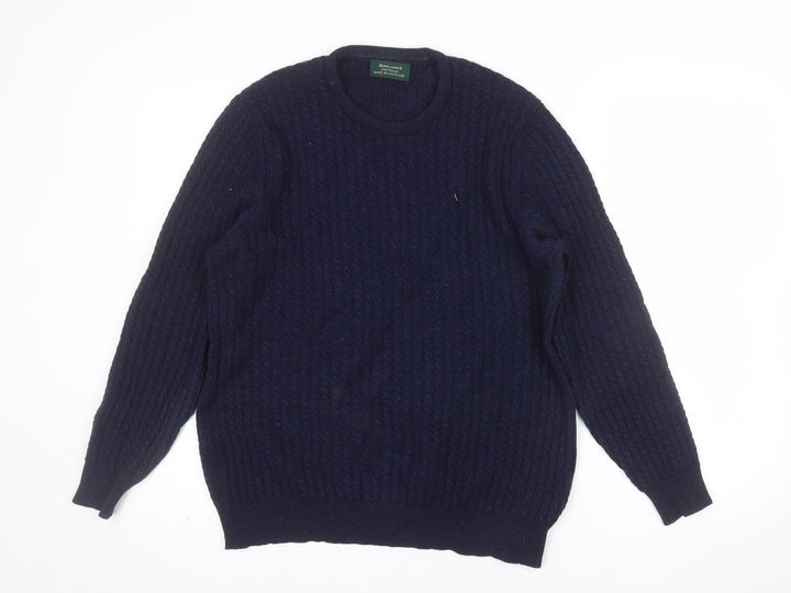 Rowland's Knitwear Men's Blue Wool Cable-Knit Jumper Medium
