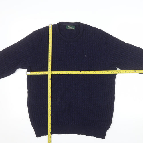 Rowland's Knitwear Men's Blue Wool Cable-Knit Jumper Medium