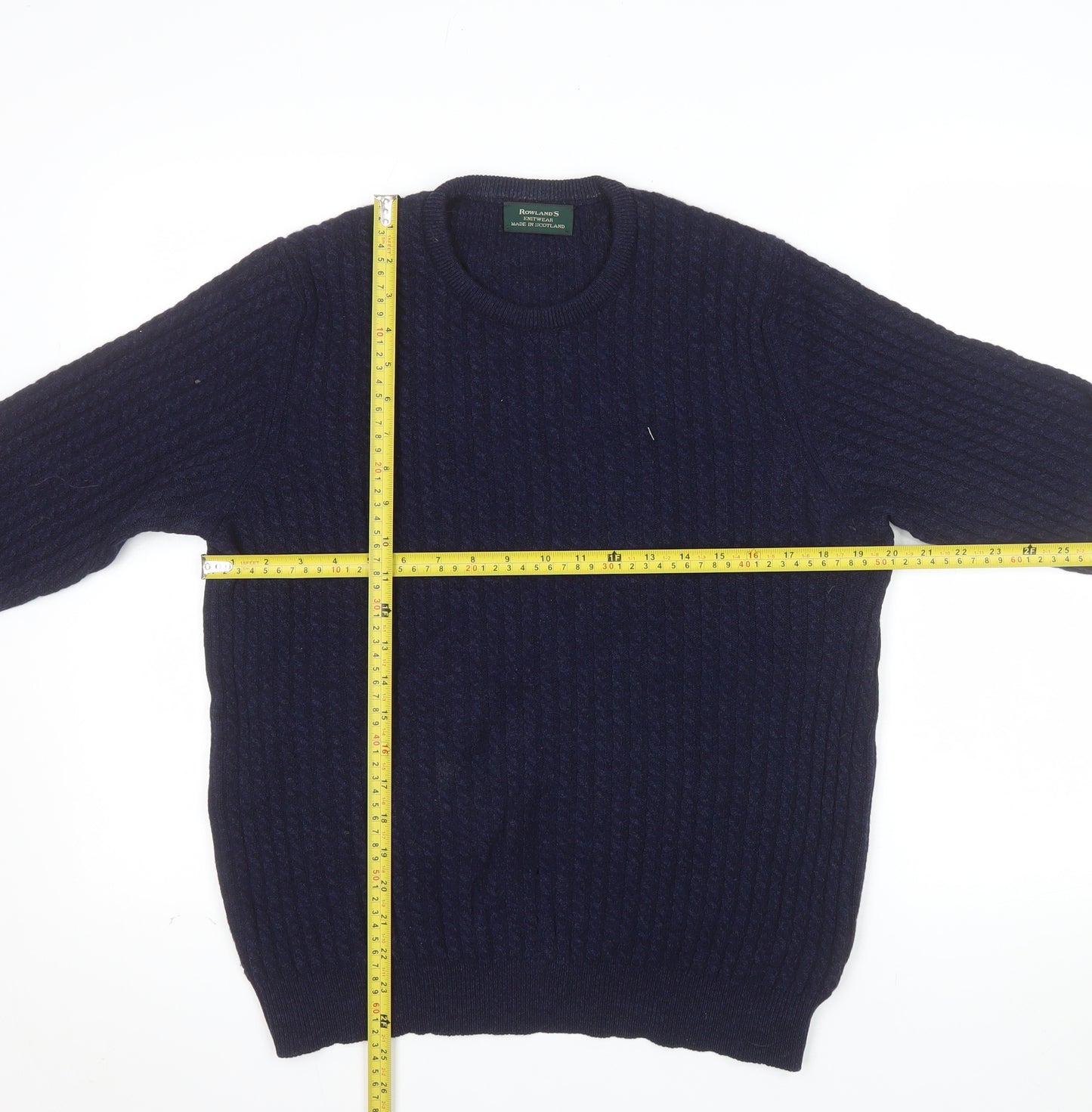 Rowland's Knitwear Men's Blue Wool Cable-Knit Jumper Medium