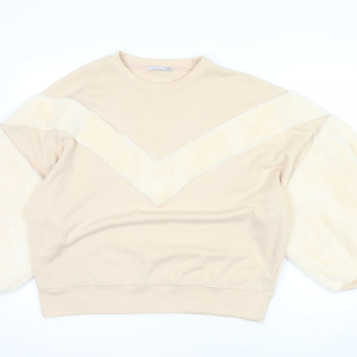 ZARA Women Beige Faux Fur Sleeve Pullover Sweatshirt Size S