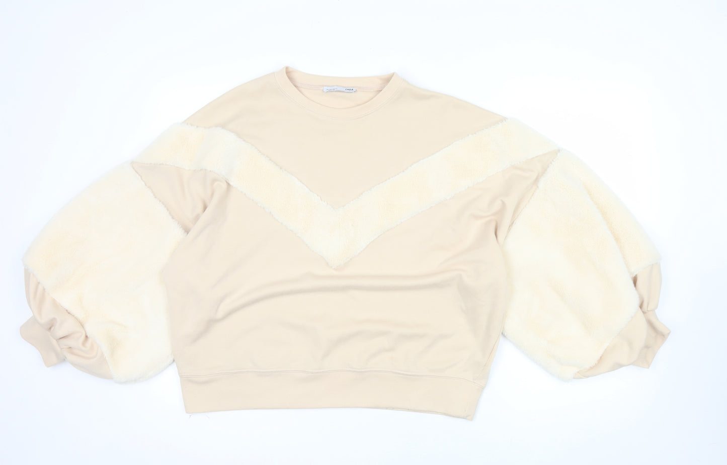 ZARA Women Beige Faux Fur Sleeve Pullover Sweatshirt Size S