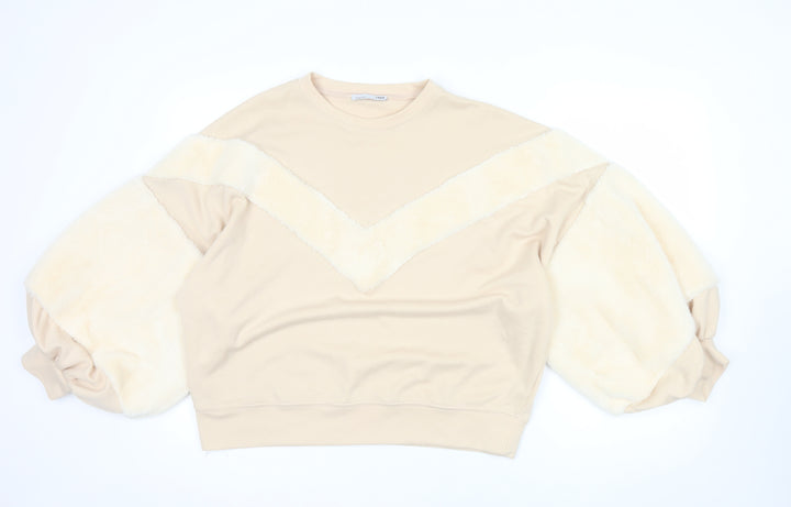 ZARA Women Beige Faux Fur Sleeve Pullover Sweatshirt Size S
