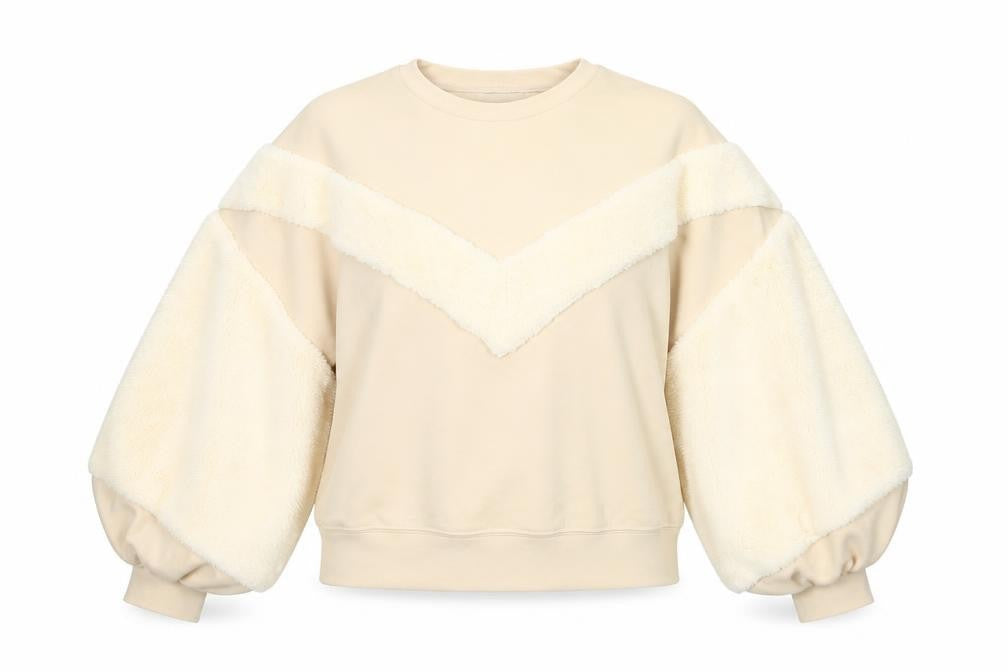 Front view of Zara Women Beige Faux Fur Sleeve Pullover Sweatshirt, size S