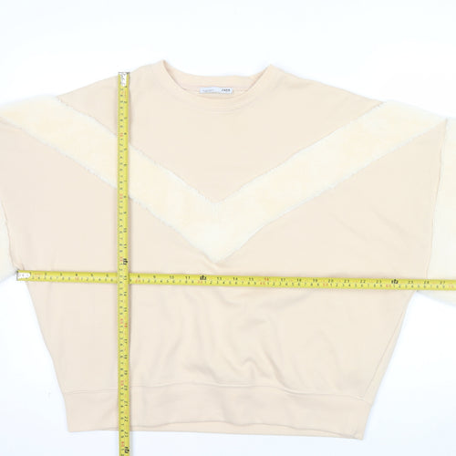 ZARA Women Beige Faux Fur Sleeve Pullover Sweatshirt Size S