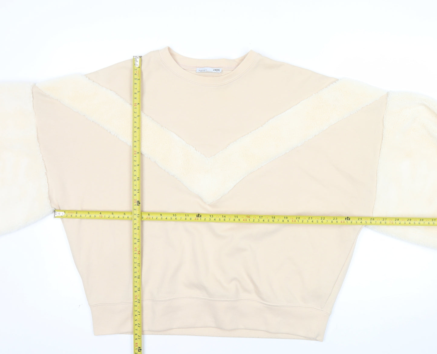 ZARA Women Beige Faux Fur Sleeve Pullover Sweatshirt Size S