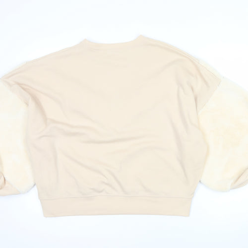 ZARA Women Beige Faux Fur Sleeve Pullover Sweatshirt Size S