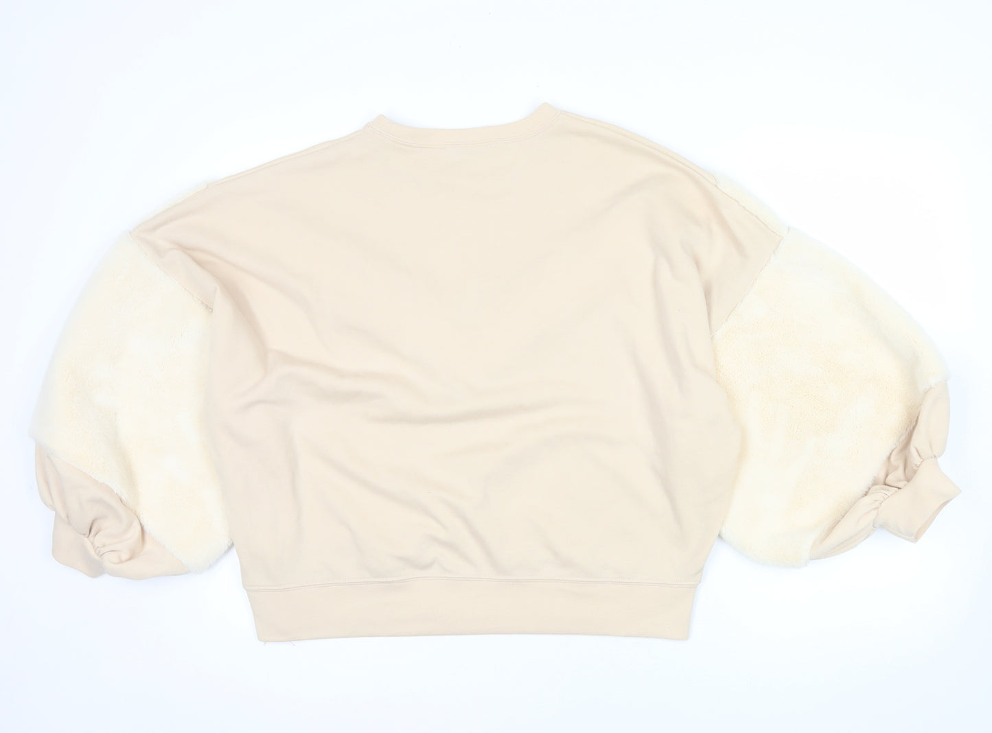 ZARA Women Beige Faux Fur Sleeve Pullover Sweatshirt Size S