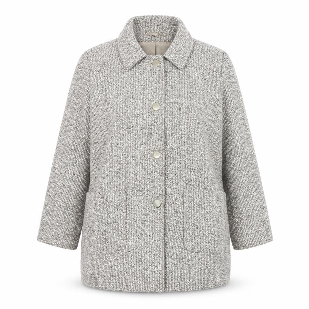 Front view of Julipa Women's Beige Tweed Mid-Length Overcoat, size 18, Lined Button