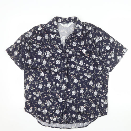BHS Women’s Blue Floral 100% Cotton Short Sleeve Button-Up Shirt Size 14