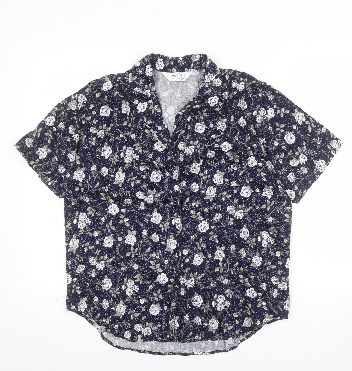 BHS Women’s Blue Floral 100% Cotton Short Sleeve Button-Up Shirt Size 14