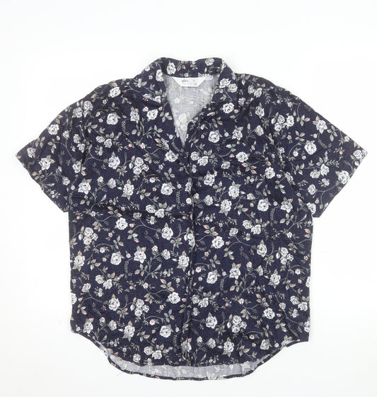 BHS Women’s Blue Floral 100% Cotton Short Sleeve Button-Up Shirt Size 14