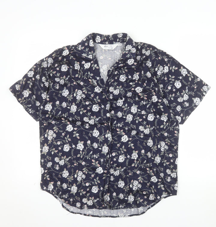 BHS Women’s Blue Floral 100% Cotton Short Sleeve Button-Up Shirt Size 14