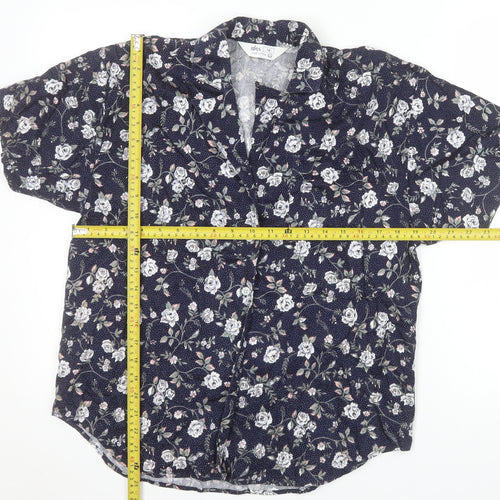BHS Women’s Blue Floral 100% Cotton Short Sleeve Button-Up Shirt Size 14