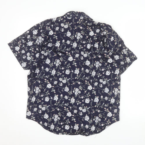 BHS Women’s Blue Floral 100% Cotton Short Sleeve Button-Up Shirt Size 14