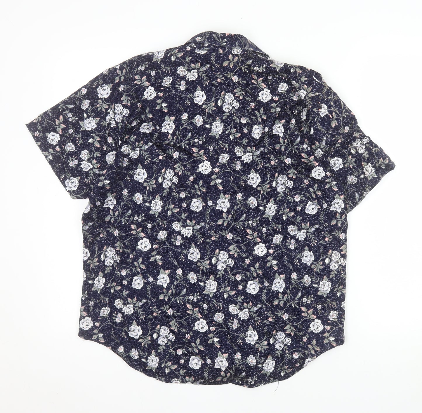 BHS Women’s Blue Floral 100% Cotton Short Sleeve Button-Up Shirt Size 14