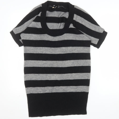 Topshop Women Black Grey Striped Knit Short Sleeve Pullover Jumper Size 12
