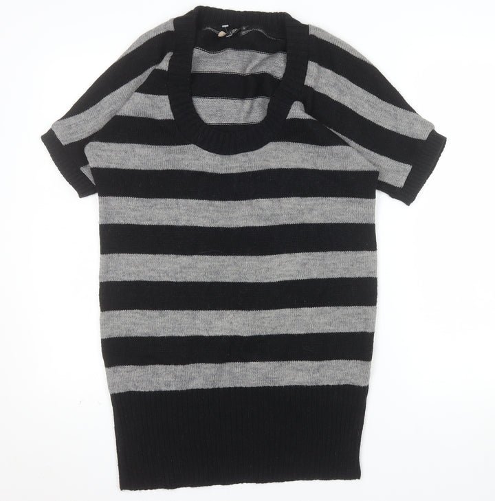 Topshop Women Black Grey Striped Knit Short Sleeve Pullover Jumper Size 12