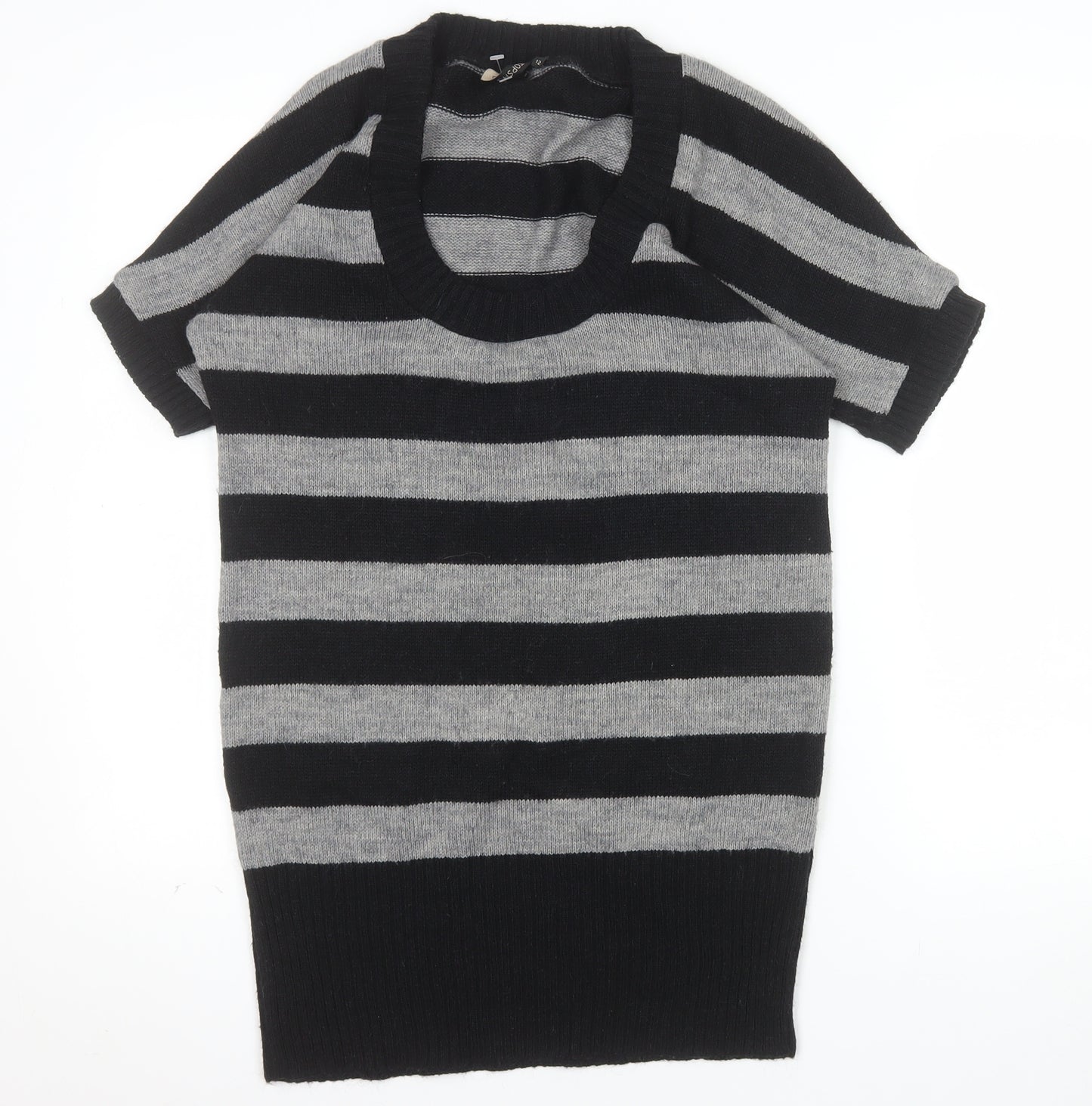 Topshop Women Black Grey Striped Knit Short Sleeve Pullover Jumper Size 12