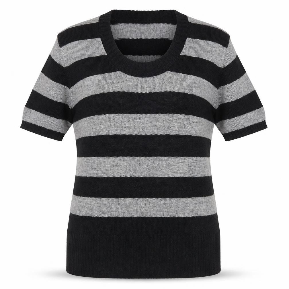 Topshop Women Black Grey Striped Knit Short Sleeve Pullover Jumper Size 12