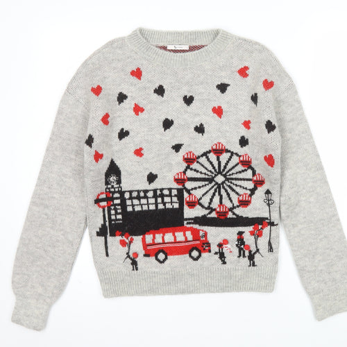 Tu Womens Grey City Print Knit Jumper Size 8 Crew Neck Pullover