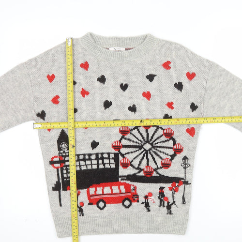 Tu Womens Grey City Print Knit Jumper Size 8 Crew Neck Pullover