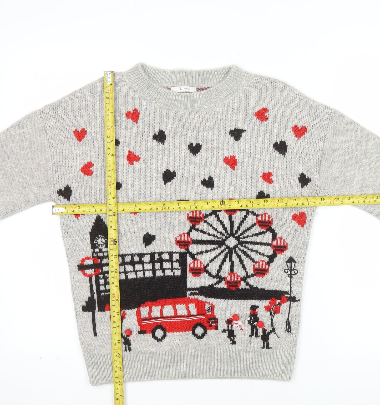 Tu Womens Grey City Print Knit Jumper Size 8 Crew Neck Pullover