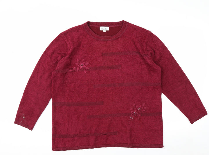 Fay Louise Women's Red Embroidered Plus 2XL Knit Pullover Jumper