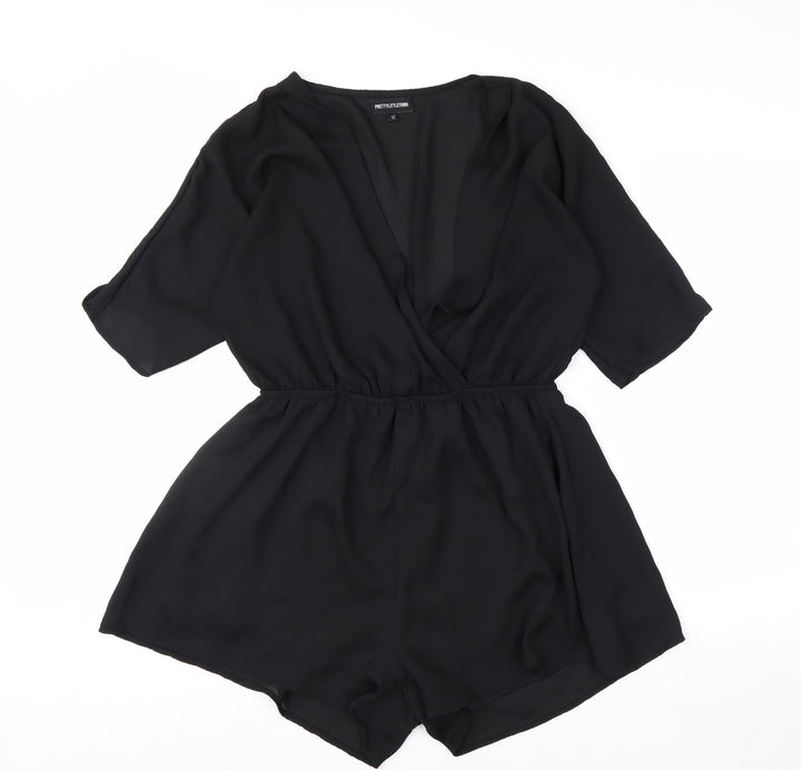 PrettyLittleThing Women Black Size 12 Short Sleeve Wrap Playsuit