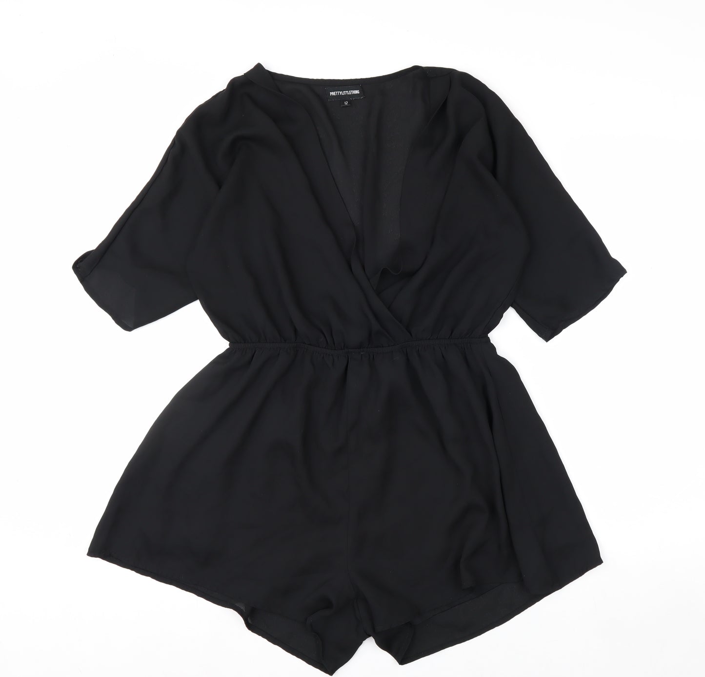 PrettyLittleThing Women Black Size 12 Short Sleeve Wrap Playsuit