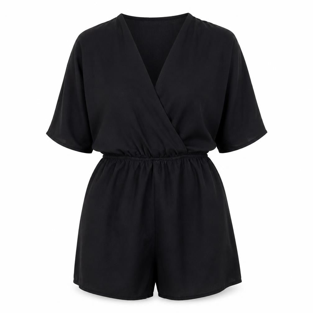 Front view of PRETTYLITTLETHING Women Black, size 12, Short Sleeve Wrap Playsuit