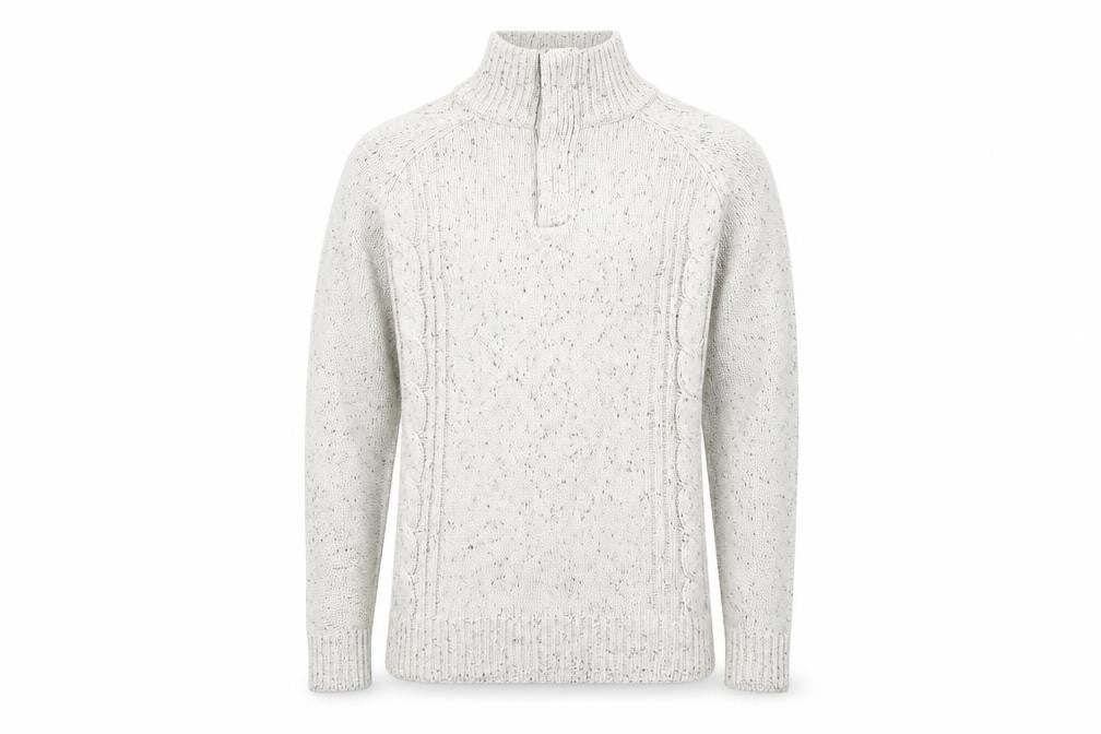 Front view of Boston Crew Men's Beige Cable-Knit High Neck jumper, size M