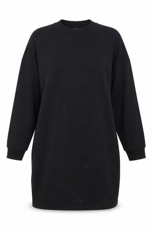 Front view of Monki women’s black long sleeve tunic sweatshirt dress, size UK 12