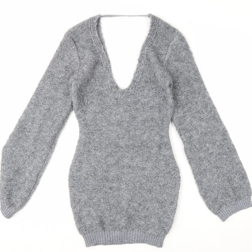 Pretty Little Thing Women's Grey V-Neck Chunky Knit Jumper Size S