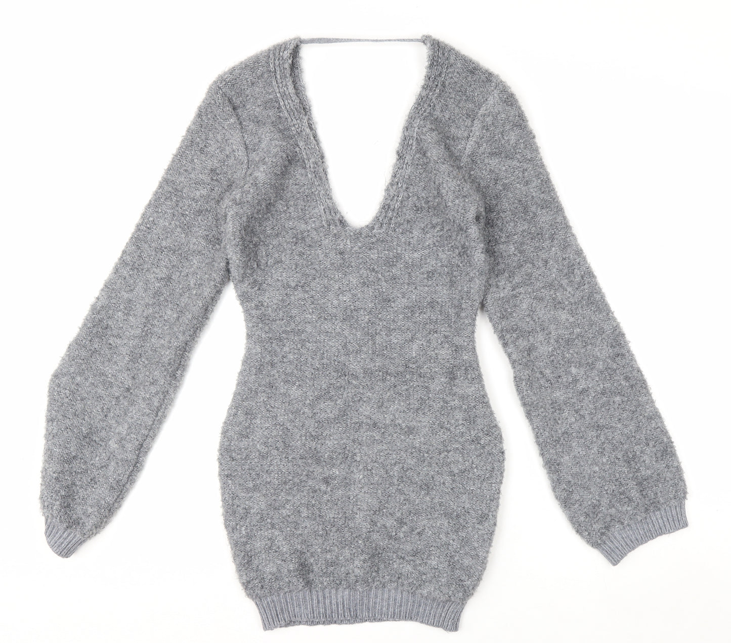 Pretty Little Thing Women's Grey V-Neck Chunky Knit Jumper Size S