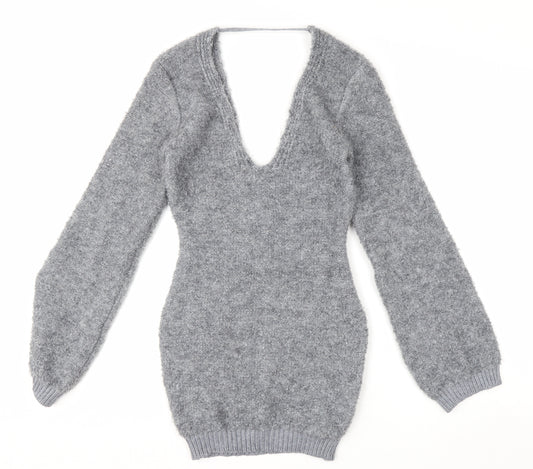 Pretty Little Thing Women's Grey V-Neck Chunky Knit Jumper Size S