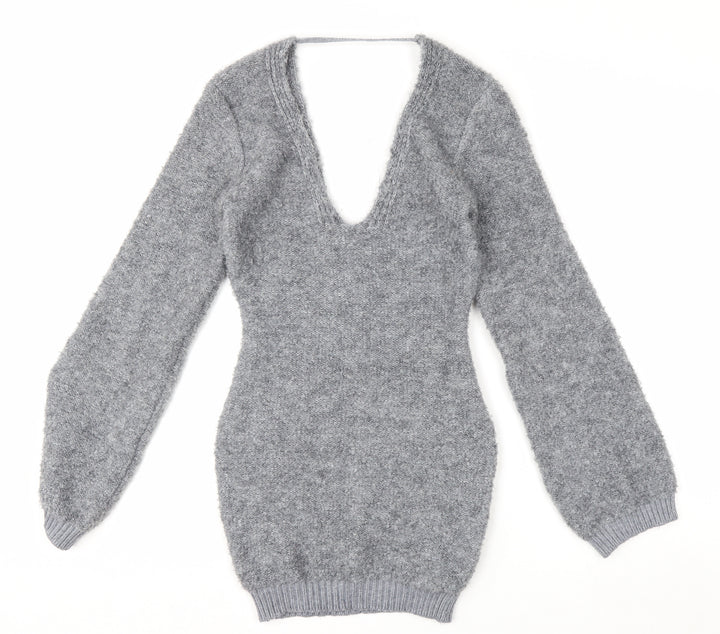 Pretty Little Thing Women's Grey V-Neck Chunky Knit Jumper Size S