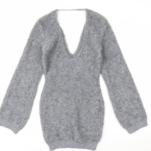 Pretty Little Thing Women's Grey V-Neck Chunky Knit Jumper Size S