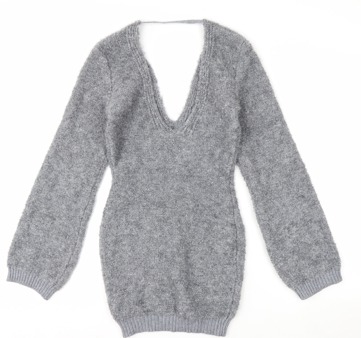 Pretty Little Thing Women's Grey V-Neck Chunky Knit Jumper Size S