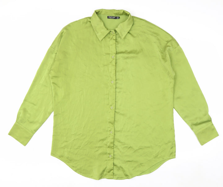 Nasty Gal Women's Green Long Sleeve Button-Up Satin Shirt Size 12