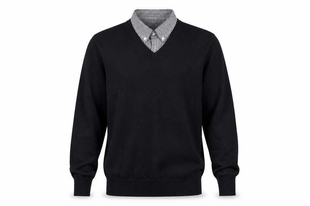 Front view of Cotton Traders Men's Black M V-Neck Cotton jumper