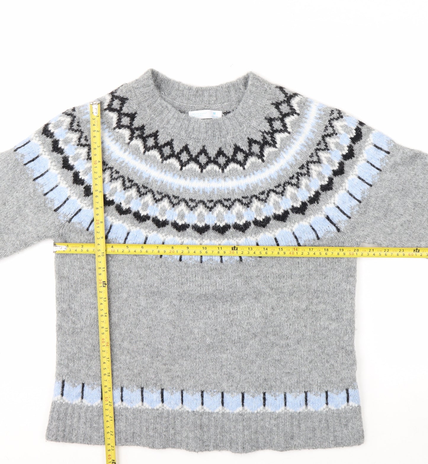 Primark Women Grey Fair Isle Crew Neck Chunky Knit Jumper M